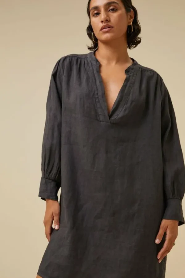 resa linen dress | jet black-By bar Outlet